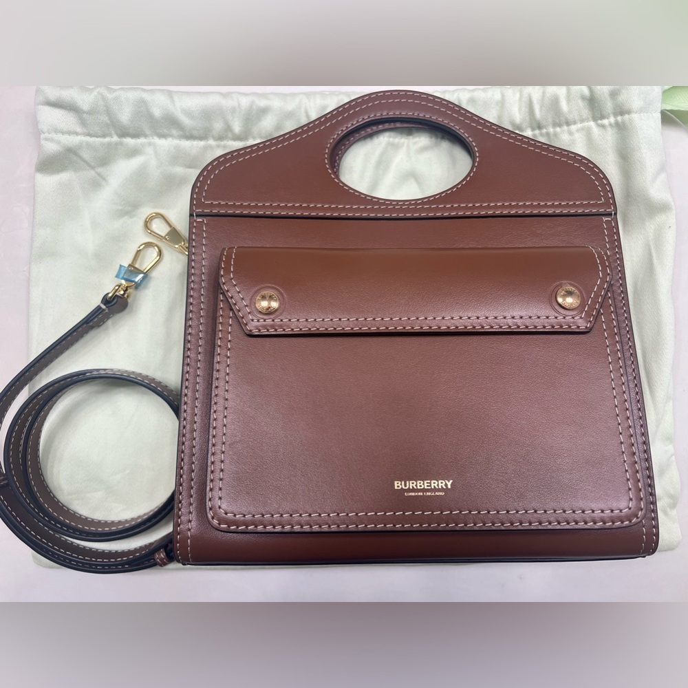 New Burberry Mini Pocket Brown Leather Top handle and shoulder Handbag